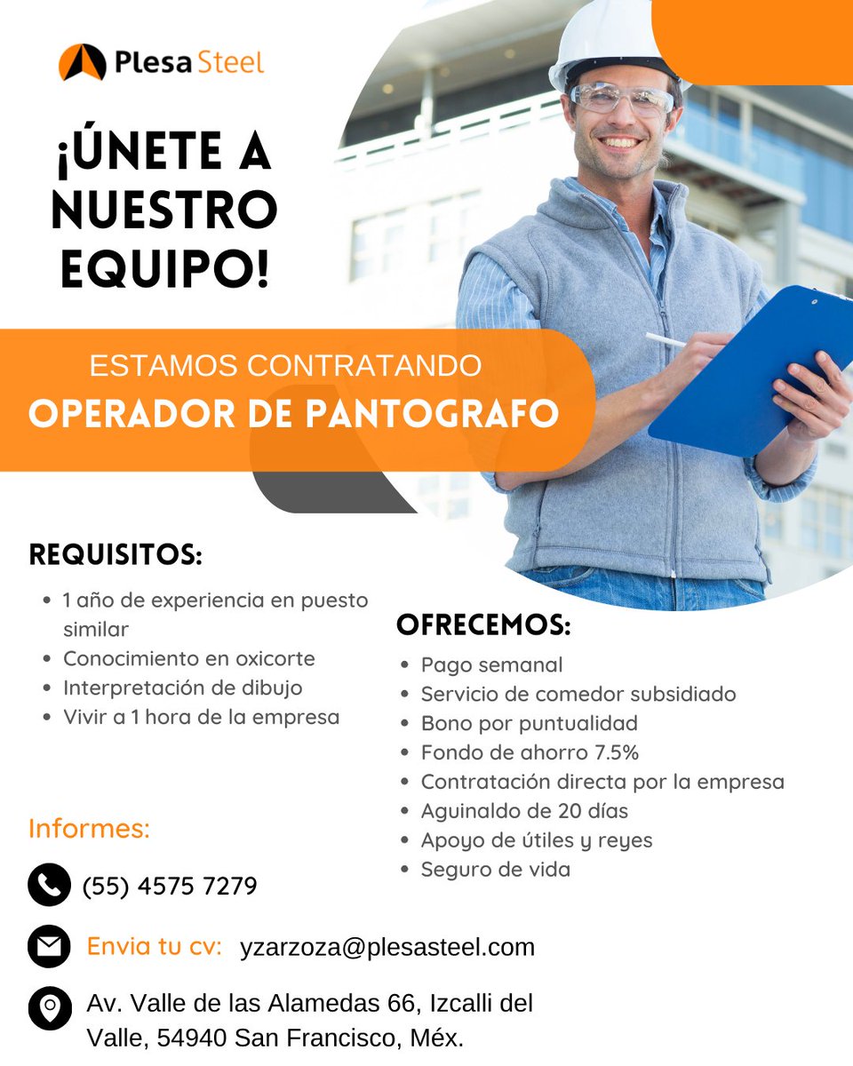 PlesaSteelMx's tweet photo. #empleo #trabajo #Tultepec #Tultitlán #Coacalco #Tlalnepantla https://t.co/KukrHc3sgz