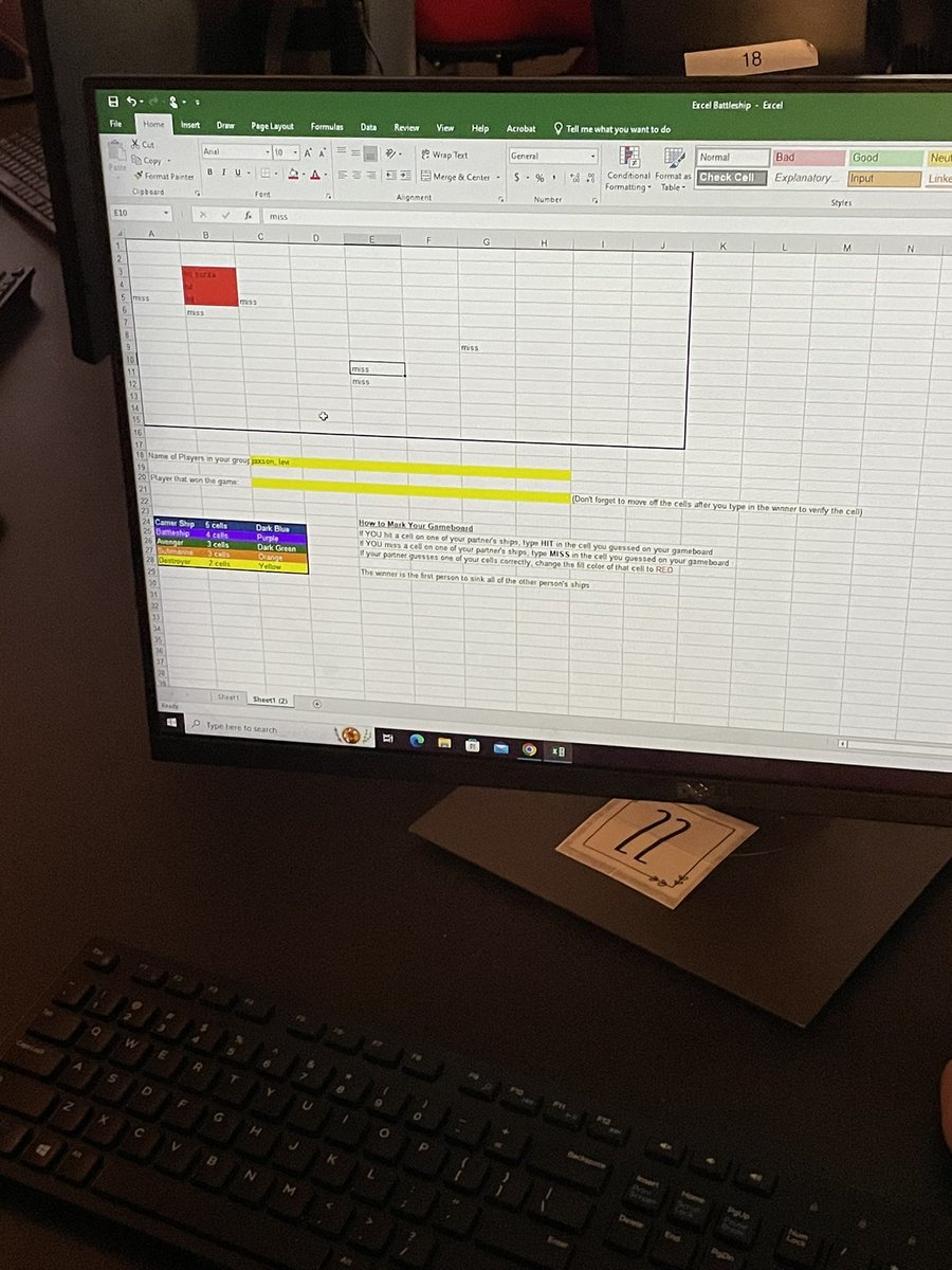 Introducing Excel by playing battleship. <a href="/LorenaISD/">Lorena ISD</a> <a href="/Lorena_Middle/">Lorena Middle School</a>