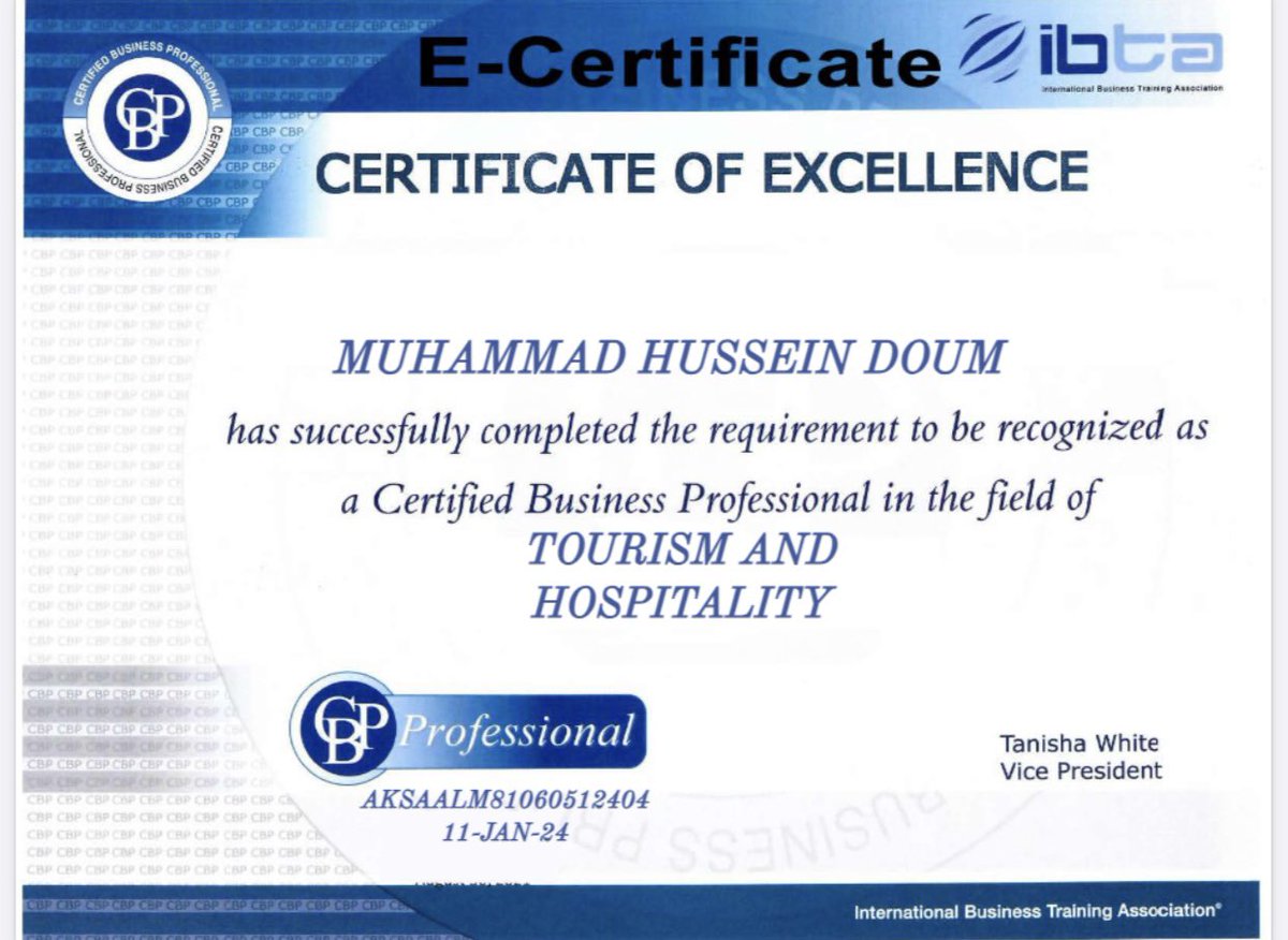 نعم تحقق الحلم وتبدا سنه 2024م بإنجاز جديد وتم تصنيفي 
كمحترف أعمال في إدارة السياحة والضيافة معتمد CBP-TH
ربي لك الحمد والشكر ، #طموحنا_عنان_السماء 
#السياحه <a href="/Saudi_MT/">وزارة السياحة</a> <a href="/AhmedAlKhateeb/">Ahmed Al Khateeb أحمد الخطيب</a> 
#روح_السعودية #السياحة_الضيافة #الفعاليات 
#ibta #CBP