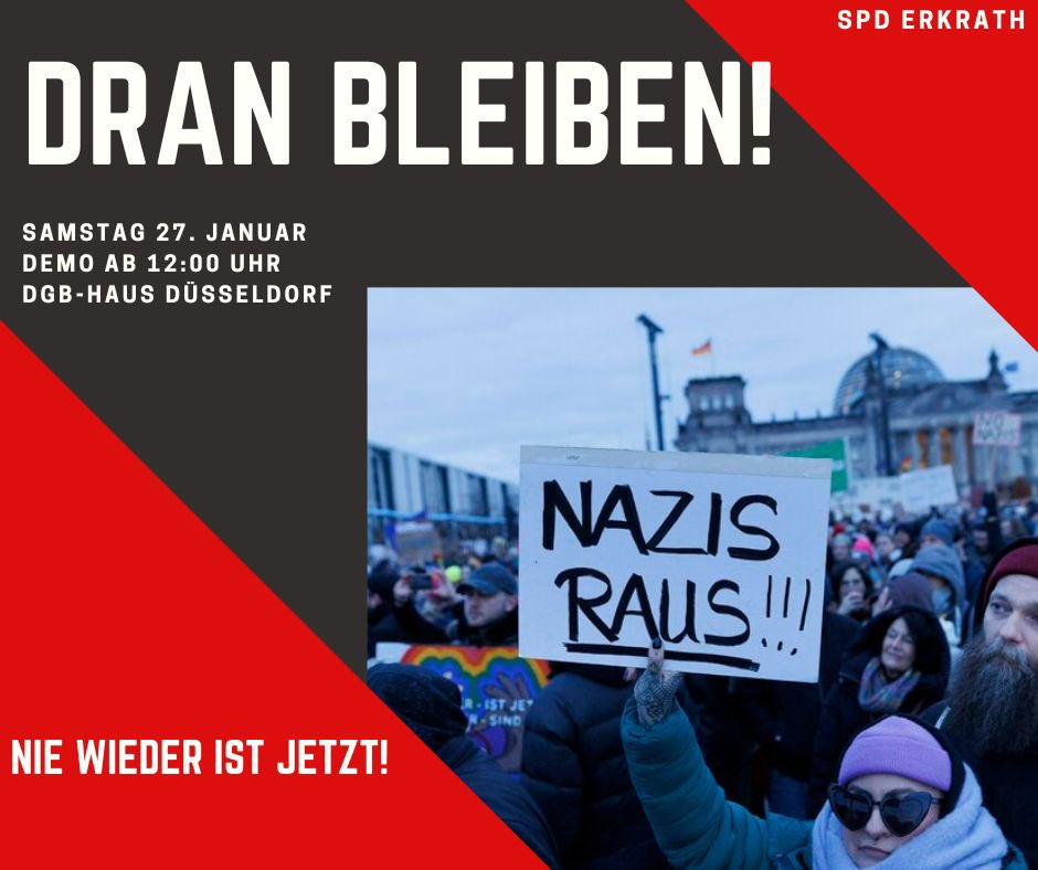 SPDErkrath's tweet photo. Auf zur Demo gegen die AfD am Samstag 27.01.24 ab 12 Uhr vor dem DGB Haus in Düsseldorf https://t.co/8dW1e6o86c