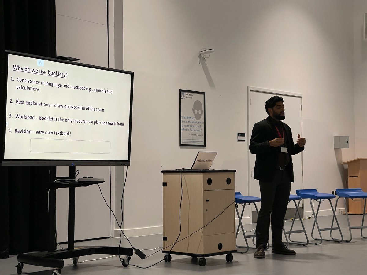 Mr_Raichura's tweet photo. Real buzz: over 100 teachers giving up their evening to hear about  science teaching at #SoaneScience conference! 

@MrAtwalSciTeach explaining how we use booklets at @ArkSoaneAcademy https://t.co/AJKjghVktO