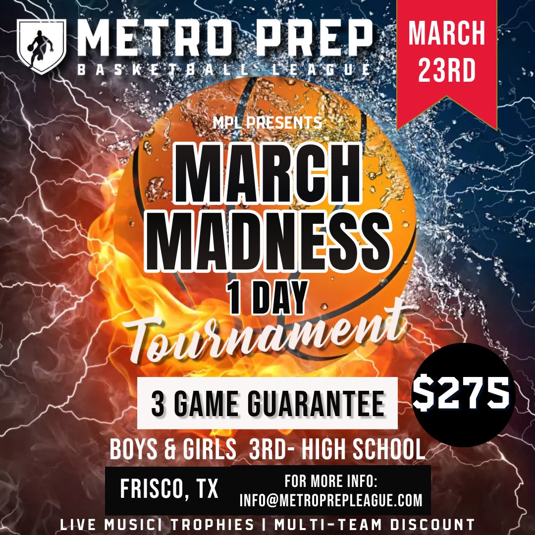 MARCH MADNESS 1-DAY Tournament
SATURDAY, MARCH 23RD 
📍Frisco, TX 
🏀3 game guarantee 
💰$275
Link in bio: basketball.exposureevents.com/217510/march-m…—1-day