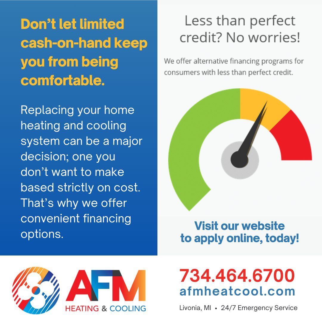 afmheatcool's tweet photo. Don’t let limited cash-on-hand keep you from being comfortable. We offer convenient financing options.
🔗https://t.co/8y8M3Qb0Qp
.
.
.
#heatingandcoolinglivonia #heatingandcoolingcanton #hvaclivonia #hvaccanton #furnacelivonia #furnacecanton #aclivonia #accanton https://t.co/4a3J9h6gmm