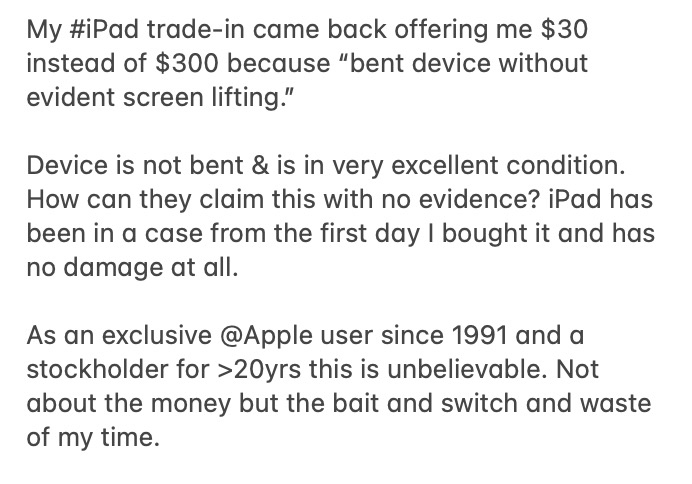airren's tweet photo. @Apple seems to be screwing people over trade-ins more and more. @tim_cook this is so not cool. Will never use this "service" again. @AppleSupport can't help. @MacRumors you're seeing this too right?  #disappointed. https://t.co/FBo918mLi7