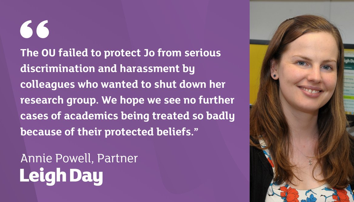LeighDay_Law's tweet photo. An Employment Tribunal has found that Prof Jo Phoenix, represented by Annie Powell at Leigh Day, was discriminated against and harassed by her employer, the Open University, because of her gender critical beliefs. She won her claim for constructive dismissal. https://t.co/Wy6LnkXFps