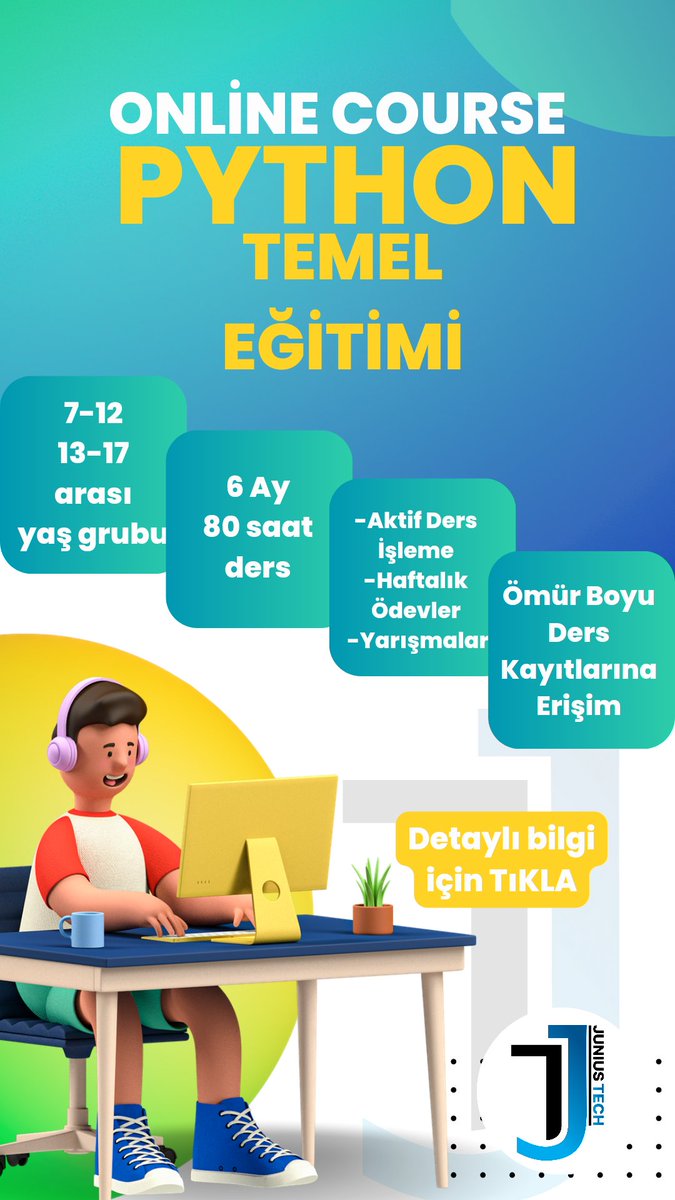 juniustech's tweet photo. Python Temel Eğitim Kursu yeni dönem kayıtlarımız başlıyor..! ✨💻🚀
#ptython #onlinekurs https://t.co/5m9gmShSHM
