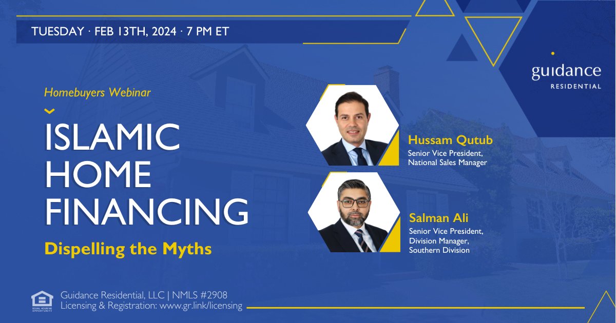GuidanceRes's tweet image. 🏡 Make 2024 the year you become a proud homeowner with Guidance Residential's Islamic home financing. Join our webinar Feb 13 @ 7 PM ET to debunk myths about Islamic home financing. Save your spot today: gr.link/ncw-social-feb… 🔗 #GuidanceResidential #IslamicHomeFinance 📝✨