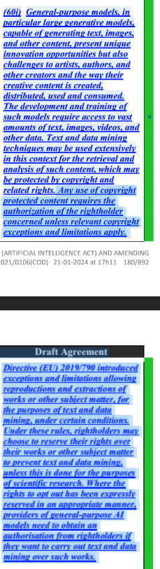ednewtonrex's tweet photo. The EU AI Act full text was leaked, and it reinforces several points:

- General-purpose AI models will have to share summaries of training data used
- These will have to be detailed enough for rights-holders to understand when their work has been trained on
- Open models won't be exempt
- Downstream changes e.g. fine-tuning will also need to share training data used
- This all applies to any model made available on the EU market, wherever it was trained
- Enforcement will be more lenient for SMEs, but they must still respect copyright law
- The existing right of rights holders to opt out of AI training is unchanged

https://t.co/jXc1rFQDmZ