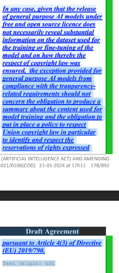ednewtonrex's tweet photo. The EU AI Act full text was leaked, and it reinforces several points:

- General-purpose AI models will have to share summaries of training data used
- These will have to be detailed enough for rights-holders to understand when their work has been trained on
- Open models won't be exempt
- Downstream changes e.g. fine-tuning will also need to share training data used
- This all applies to any model made available on the EU market, wherever it was trained
- Enforcement will be more lenient for SMEs, but they must still respect copyright law
- The existing right of rights holders to opt out of AI training is unchanged

https://t.co/jXc1rFQDmZ