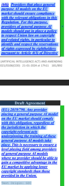 ednewtonrex's tweet photo. The EU AI Act full text was leaked, and it reinforces several points:

- General-purpose AI models will have to share summaries of training data used
- These will have to be detailed enough for rights-holders to understand when their work has been trained on
- Open models won't be exempt
- Downstream changes e.g. fine-tuning will also need to share training data used
- This all applies to any model made available on the EU market, wherever it was trained
- Enforcement will be more lenient for SMEs, but they must still respect copyright law
- The existing right of rights holders to opt out of AI training is unchanged

https://t.co/jXc1rFQDmZ