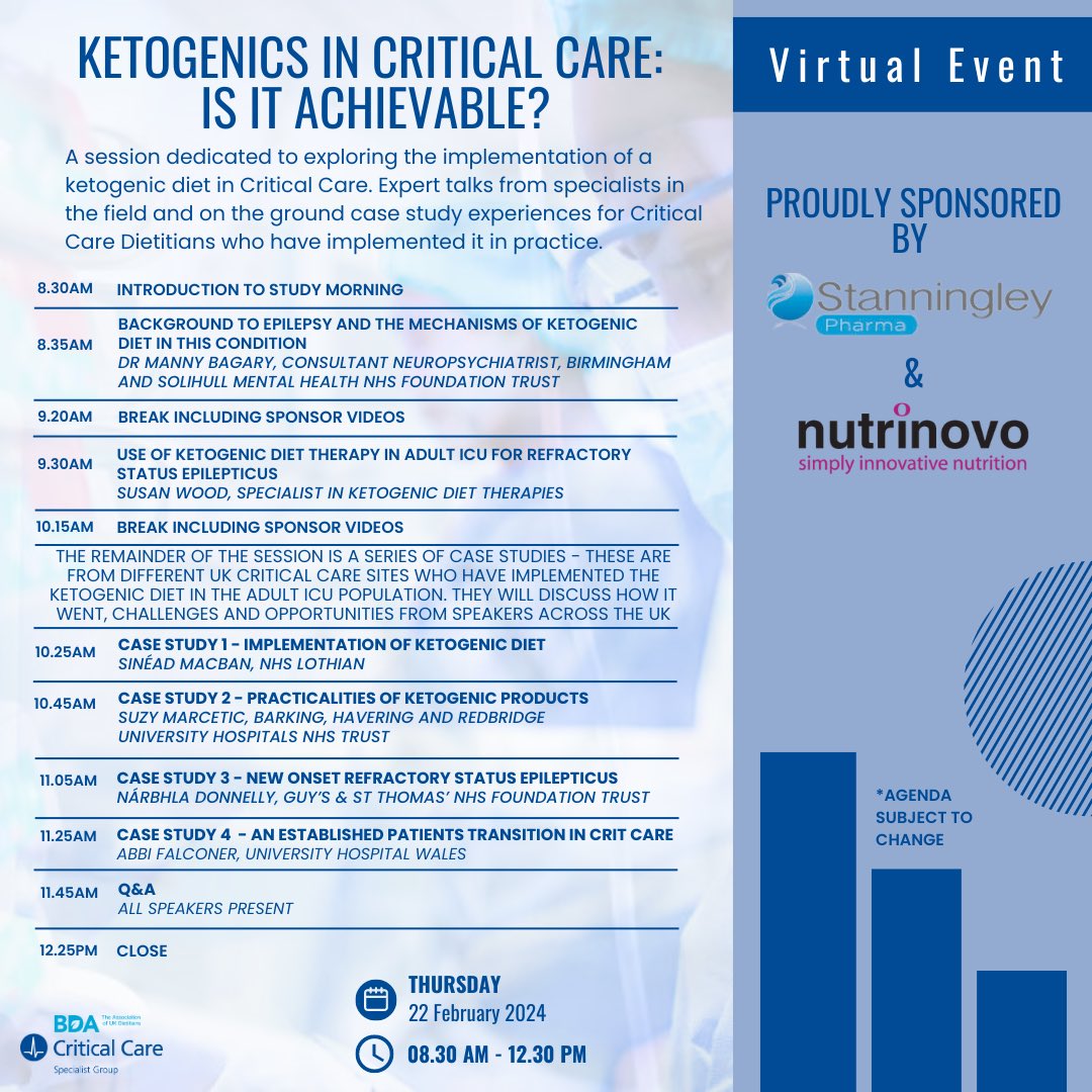 🌟 Our Ketogenic Study Day Agenda is here 🌟

Don't miss out on this fantastic half virtual study event 🖥

Book here:
bda.uk.com/events/calenda…

#BDACCSG <a href="/BDA_Dietitians/">British Dietetic Association</a>