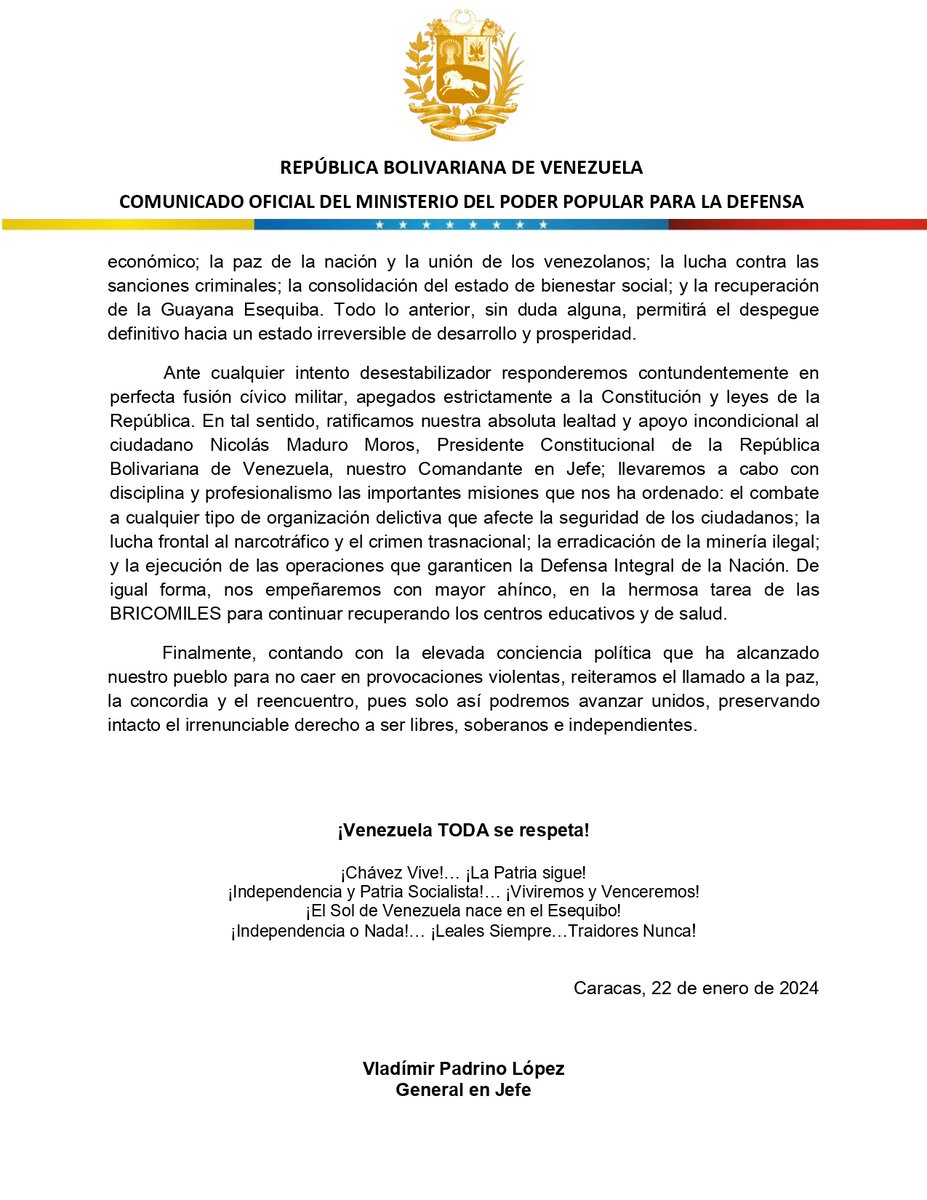 #COMUNICADO🔴| El Ministerio del Poder Popular para la Defensa rechaza, categóricamente, los actos criminales y terroristas que atentan flagrantemente contra el sistema de Gobierno legítimamente constituido, las Autoridades e Instituciones del Estado, y la paz del pueblo