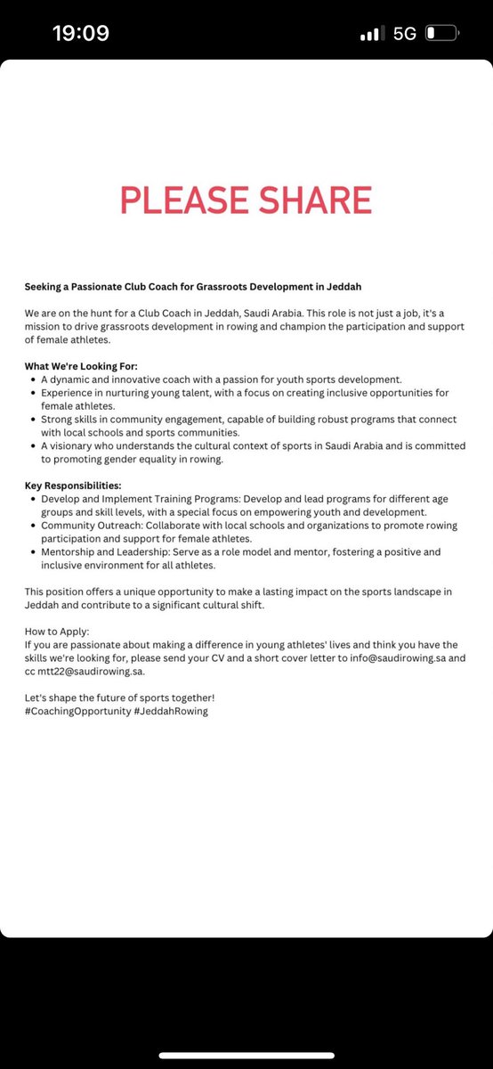 matthewtarrant's tweet photo. @saudirowing are looking for a passionate female rowing coach to help increase and support female participation and grass root development. Please share to all who might be interested 🙏🏽 @WorldRowing https://t.co/fiyoP99R5I
