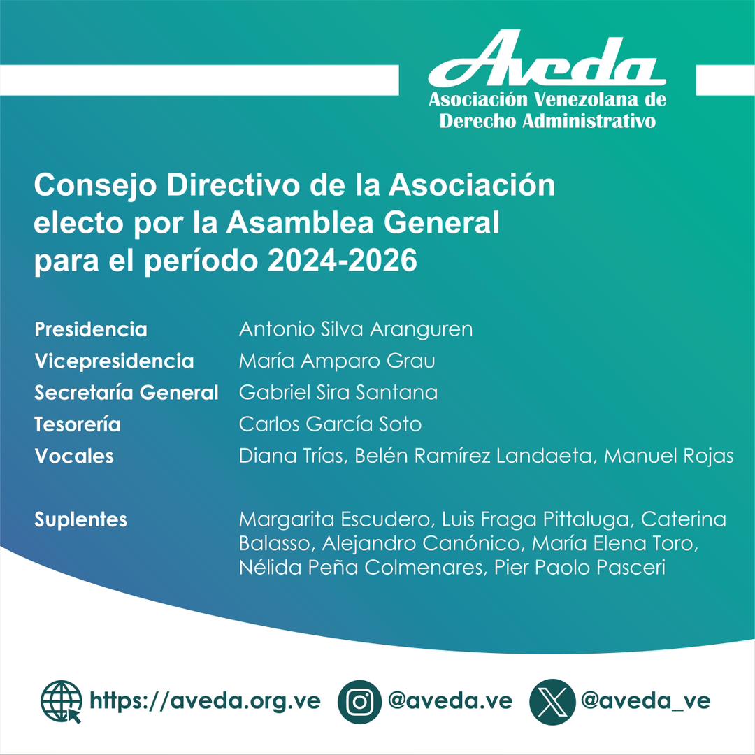 Electo el nuevo Consejo Directivo de AVEDA para el período 2024-2026

Presidente:
Antonio Silva Aranguren

Vicepresidente:
María Amparo Grau

Secretario:
Gabriel Sira Santana

Tesorero:
Carlos García Soto

Vocales:
Diana Trías Bertorelli 
Belén Ramírez Landaeta
Manuel Rojas Pérez