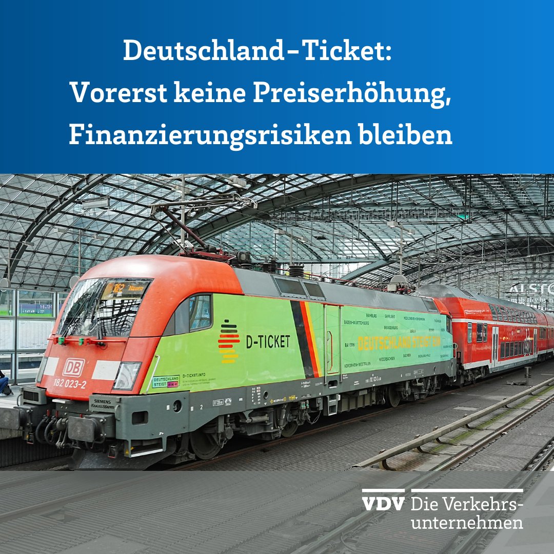 Vorerst keine Preiserhöhung: VDV unterstützt Bekenntnis der Verkehrsministerkonferenz zum #Deutschlandticket 

Die Finanzierungsrisiken bleiben: Für die Verkehrsunternehmen bedeutet dies ein Risiko durch eine mögliche Finanzierungslücke von bis zu 1 Mrd. Euro im Jahr 2024.