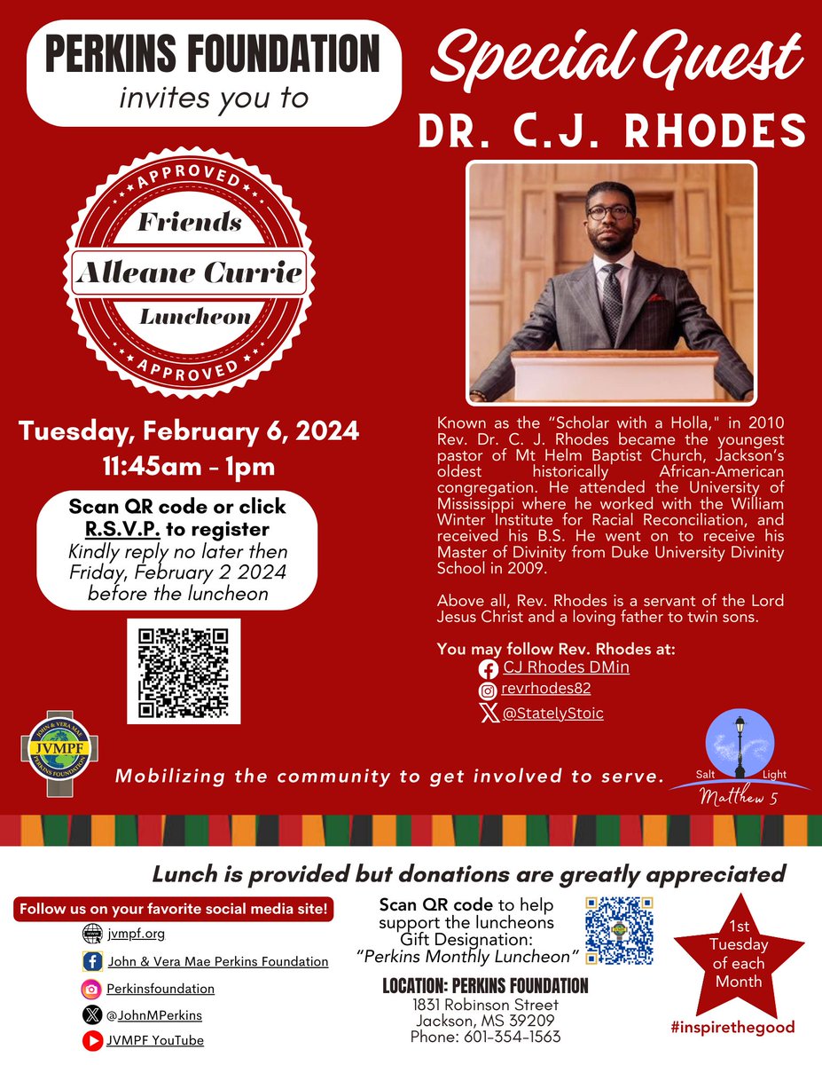 You are invited to our February Friends Luncheon! RSVP for yourself and a friend. To RSVP click link: forms.gle/MxbXrYqb1HJQ6g… or Scan QR code. We are pleased to have Rev. Dr. C.J. Rhodes join us as our special guest!