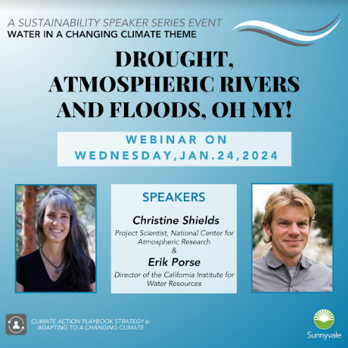 Anyone who's interested in CA water: the next Sunnyvale Sustainability Speaker Series event is this Wednesday on drought and atmospheric rivers, with <a href="/catswx/">Christine A. Shields</a> and <a href="/ResearchCP/">Erik Porse</a>! I think it'll be good :)