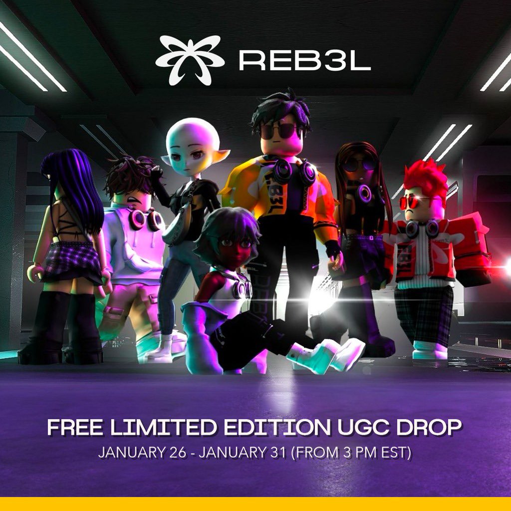 REB3LCorp's tweet photo. UGC DROP Announcement!  REB3L latest collection UGC drop is happening from 26/01/24 - 31/01/24 at 3 - 4pm EST  Free Limited Edition UGC Codes will be announced in each day of the drop.
 
Make sure to follow: https://t.co/WtOnkqqJX7 

#REB3L #ROBLOXUGC https://t.co/YsWuV0LE0Z