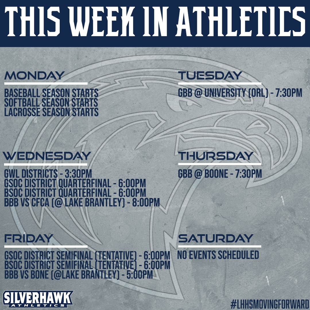 LHHS_Athletics's tweet photo. Events for the week of 1/22 - 27, 2024.
Spring sports are just around the corner!
#LHmovingforward #Forthenest #Hawkstrong https://t.co/0ZK5WH3PSL
