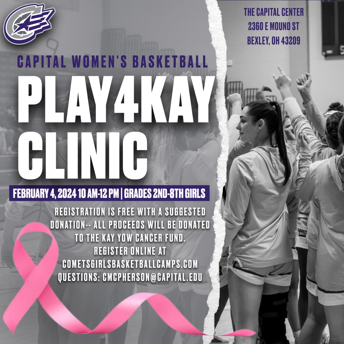 CapitalWBB's tweet photo. We will be hosting our Play4Kay clinic on February 4th! This clinic is FREE, but will accept donations that will go to the Kay Yow Cancer Fund 🎗️ Open to all girls in grades 2nd-8th! Registration is live at https://t.co/m1IvapasOp ☄️ https://t.co/SyPbZfw0a0