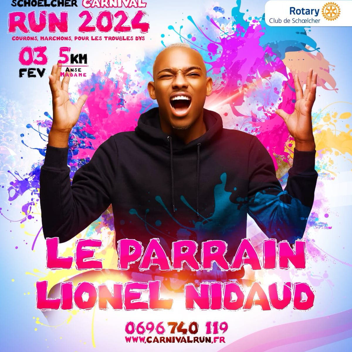 Notre #parrain 2024, <a href="/lionelnidaud/">Lionel Nidaud</a> est au côté du <a href="/rcschoelcher/">Rotary Schoelcher</a> en soutien à la #cause des #dys. 
Merci à lui...🤗 Toi aussi, tu peut soutenir la cause et participer : carnivalrun.fr
#Martinique #Carnaval2024