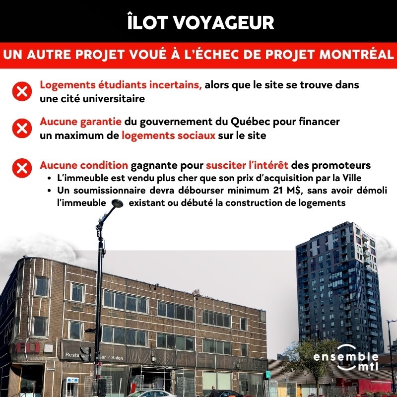 Dans sa forme actuelle, le projet de l'Îlot Voyageur Sud est voué à l'échec. Logements étudiants incertains. Aucune garantie de logements sociaux par le <a href="/GouvQc/">Gouvernement du Québec</a>. Aucune condition gagnante pour les promoteurs. Une administration compétente se doit de revoir les conditions. #polmtl