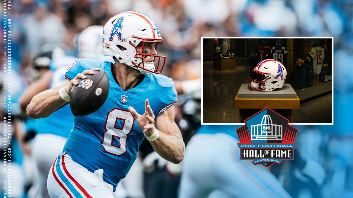 Helmet worn by #Titans rookie QB @will_levis in historic NFL debut now on display at the @ProFootballHOF. READ bit.ly/3HuxmlR