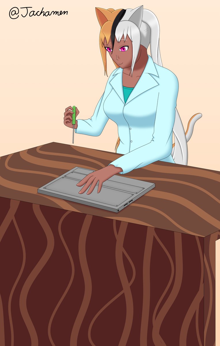 JachamenVE's tweet photo. Bella Fixing Laptop (Commission)
#ArtistOnTwitter #catgirl #Commission https://t.co/KDGWqlwSey