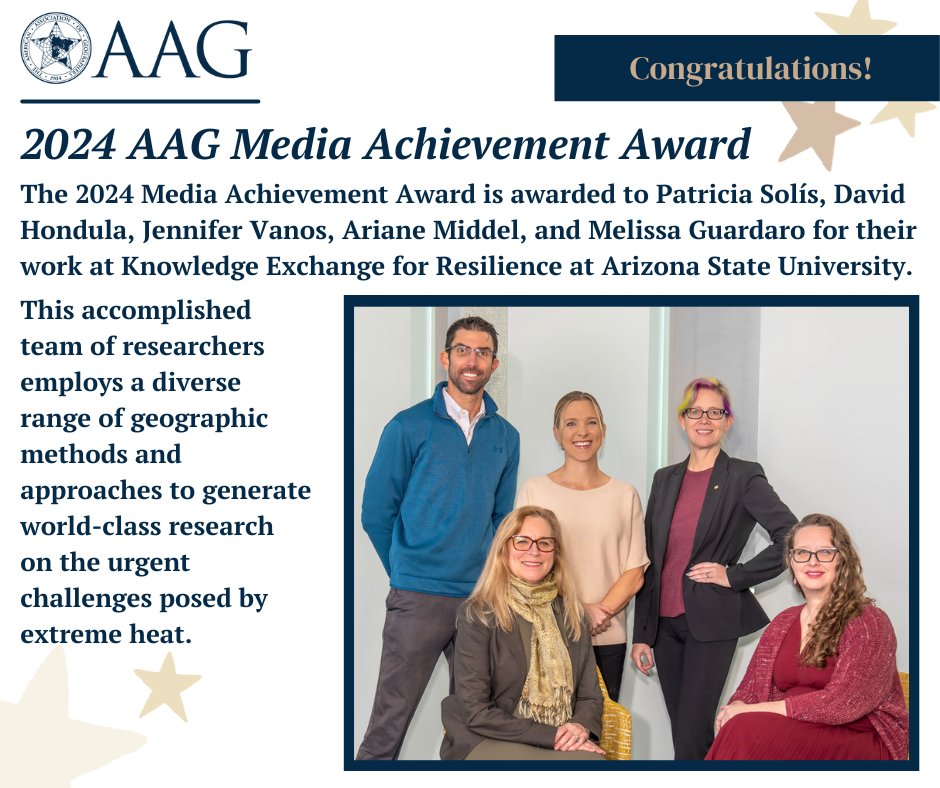 🏆 2024 Media Achievement Award 🏆 Congratulations to the team @asuresilience for their impactful research on extreme heat challenges! 🌡️🔍 Their work is shaping policy and making headlines. bit.ly/3RVqwuk #ScienceCommunication #ExtremeHeatAction