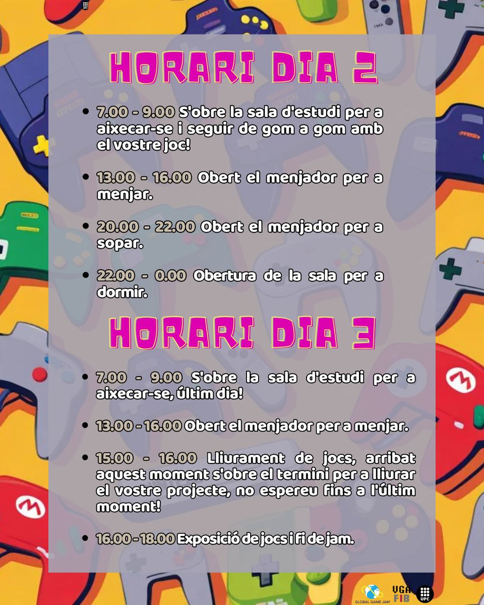 Aquí teniu un petit resum de l'horari.
Durant l'esdeveniment us donarem informació addicional.

Adjuntem el post amb la informació de l'horari: gamejambcn.com/post/details/4

Us esperem!!