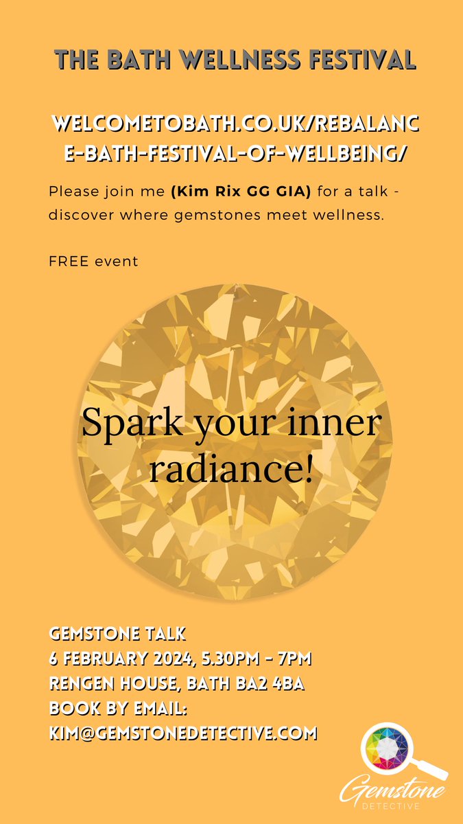 Now it’s easy to reserve your seat for my #gemstone talk at #bath #wellnessfestival 🎉🥳 Places are limited!! Sign up to get your #WellnessJourney started!! 🌟 Thanks @bathbid and @Rengenhouse for hosting the #wellness festival. #gemstonedetective eventbrite.com/e/spark-your-i…