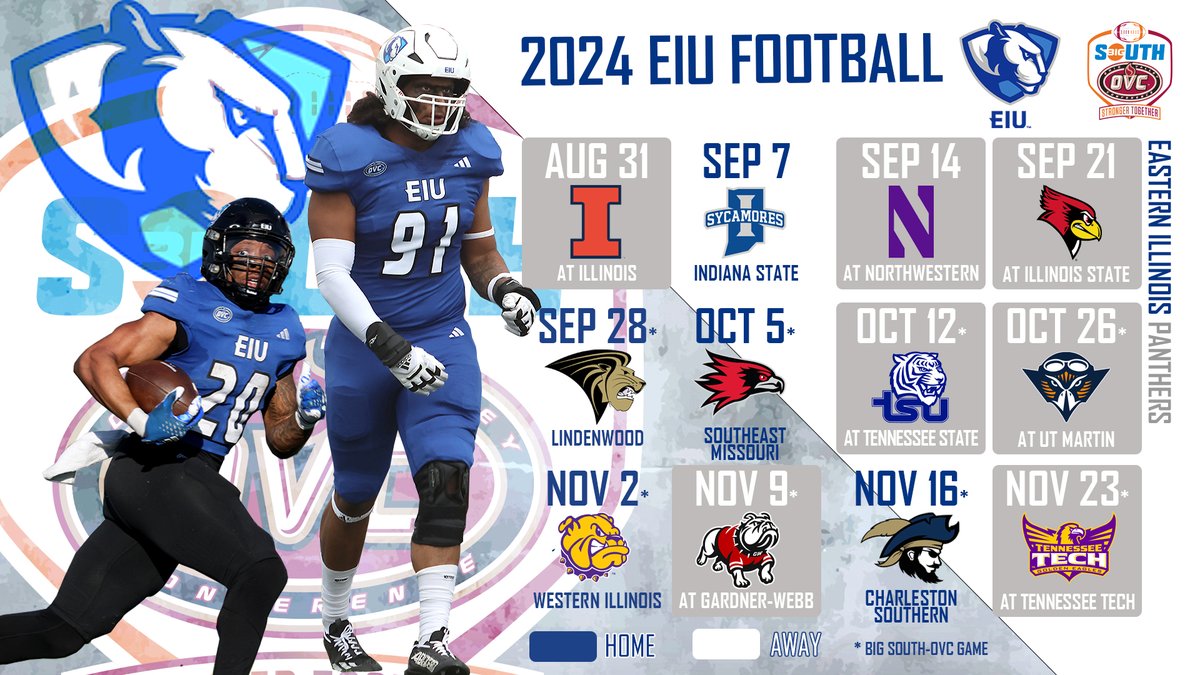 The 2024 @EIU_FB schedule is now complete as the Panthers have finalized dates for their four non-conference games... Season opens Aug. 31 at Illinois Five Home Games at O'Brien with home opener on Sept. 7 hosting Indiana State Schedule🏈🗓️👀⬇️ eiupanthers.com/news/2024/1/22…