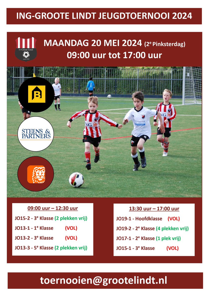 Nog maar een paar plekken beschikbaar voor ons bekende Groote Lindt ING Jeugdtoernooi in Zwijndrecht op maandag 20 mei (2e pinksterdag). Wie maakt onze poules vol? Inschrijving kan naar toernooien@grootelindt.nl