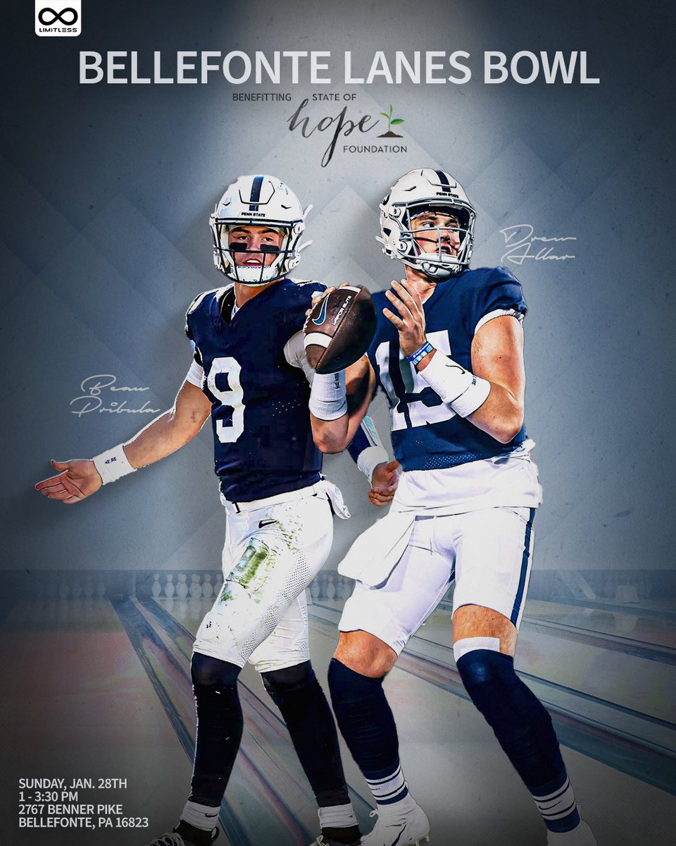 Limitless NIL (@limitlessnil) on Twitter photo Battle of the <a href="/PennStateFball/">Penn State Football</a> QB Room this Sunday, Jan. 28 at Bellefonte Lanes 💥🎳
TEAM 1: Allar, O’Brien, Lenard, Grunkemeyer, Lambert
TEAM 2: Pribula, Smolik, Consoletti, Kiesewetter, Locke
Who ya got? Battle of the <a href="/PennStateFball/">Penn State Football</a> QB Room this Sunday, Jan. 28 at Bellefonte Lanes 💥🎳
TEAM 1: Allar, O’Brien, Lenard, Grunkemeyer, Lambert
TEAM 2: Pribula, Smolik, Consoletti, Kiesewetter, Locke
Who ya got?