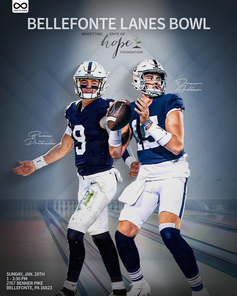 Battle of the @PennStateFball QB Room this Sunday, Jan. 28 at Bellefonte Lanes 💥🎳 TEAM 1: Allar, O’Brien, Lenard, Grunkemeyer, Lambert TEAM 2: Pribula, Smolik, Consoletti, Kiesewetter, Locke Who ya got?