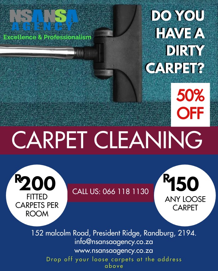 Get professional carpet cleaning for 50% off and say goodbye to stains, dirt and allergens. Your carpets will be fresh, clean and healthy again! Call us today.
#ThabiLeoka #SenzoMeyiwaTrial 
#Makhekhe 
#ANCofRamaphosa
#IvoryCoast 
#etvScandal 
#LalaNgoxolo 
#XRepo#EvidenceMakgopa