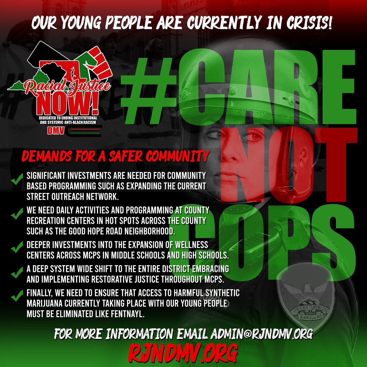 We need deep investments in our youth, not more policing & incarceration of our youth.

We need #CareNotCops join us in advocating for these demands. 

@mdyouthjustice