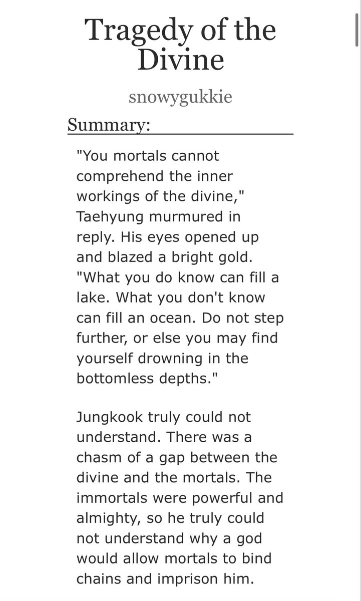 snowygukkie's tweet photo. #taekookau

⧼ Tragedy of the Divine ⧽

[Completed]

• 8.6K Words
• Mature
• Alternate Universe - Gods and Goddesses
• Prince Jungkook
• God Taehyung
• Falling in Love 
• Happy Ending
• Written for @Taekook3Words 
• Moodboard by @taehtaev

[https://t.co/h4NI3v7iXX] https://t.co/mWgPIjdtyx