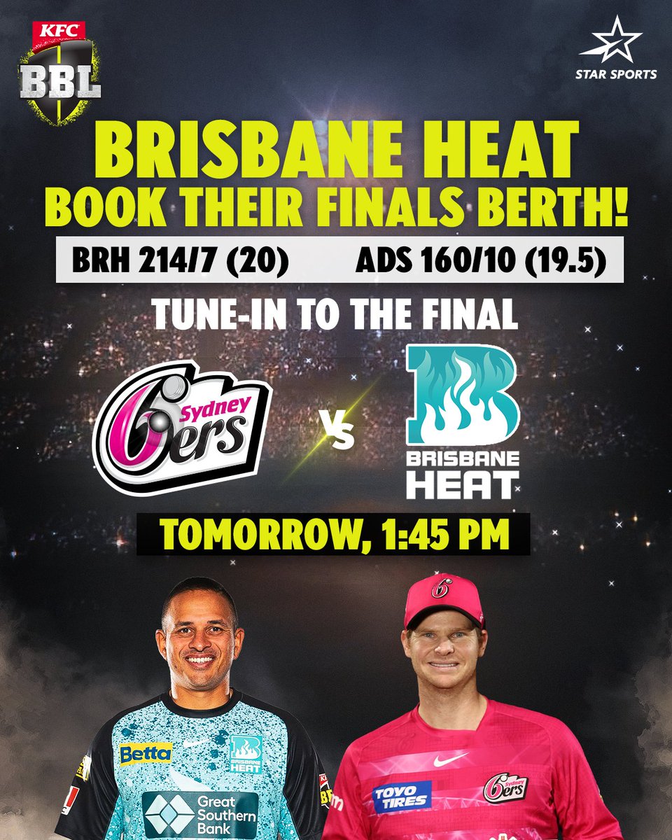 StarSportsIndia's tweet photo. Ladies & Gents, we have our two finalists!
43 games later, two deserving teams in #SydneySixers & #BrisbaneHeat will collide to be touted as CHAMPIONS! 🔥
Game on! 😎
Tune-in to #SSvBH in the Final 🏆
Tomorrow, 1:45 PM | Star Sports Network
#Cricket https://t.co/7qYEIVDbOI