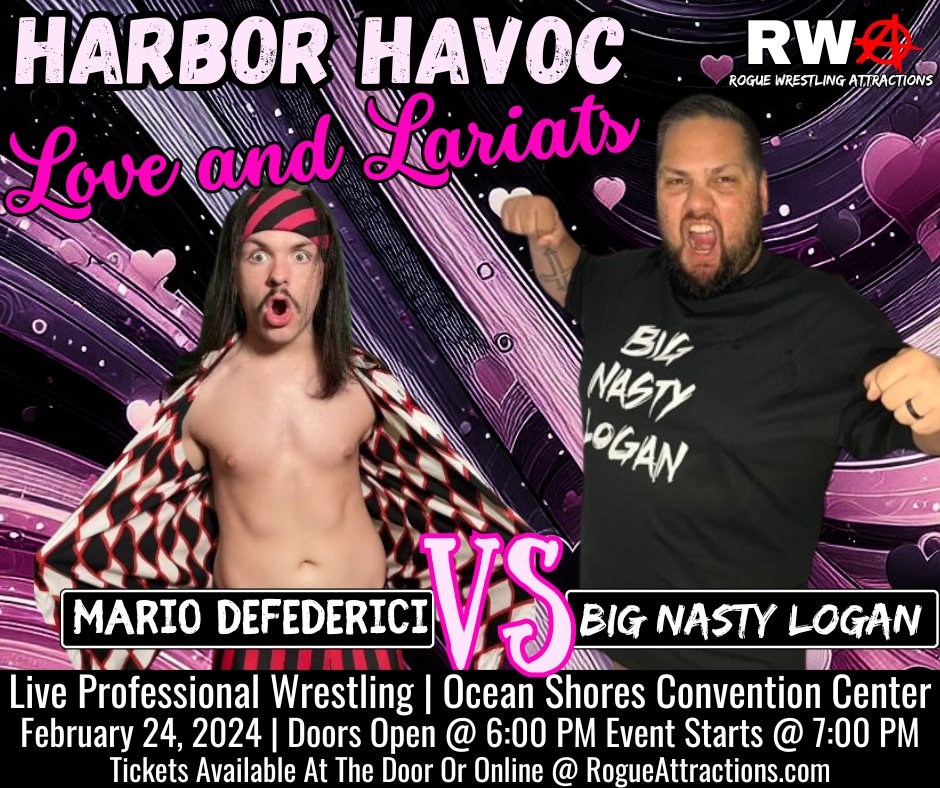 RogueAttraction's tweet photo. 🔥 Mario Defederici's debut match is set to explode as he faces the relentless Big Nasty Logan at Harbor Havoc - Love and Lariats! 🤼‍♂️ Witness the high-stakes clash LIVE! 🎟️ Don't miss this debut showdown! #RWA #MarioVsBigNasty #WrestlingDebut 🚀 https://t.co/F6Qmi8OOtN