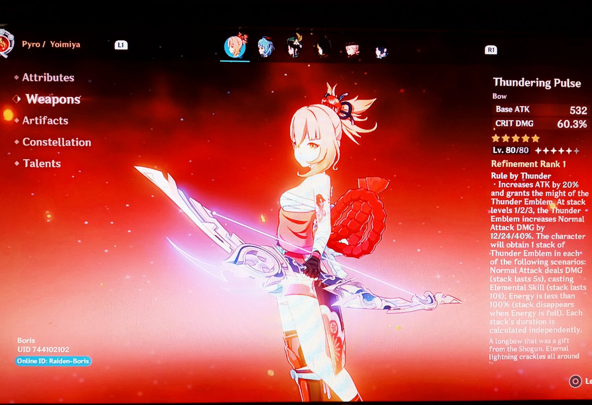 KyuubiElly's tweet photo. I finally got it π
I got Yoimiya's Thundering Pulse for my Bow Only account ππ¦π
I'm so happy I managed βΊοΈ
#GenshinImpact #Yoimiya #BowOnly https://t.co/jPF5T3DUyU
