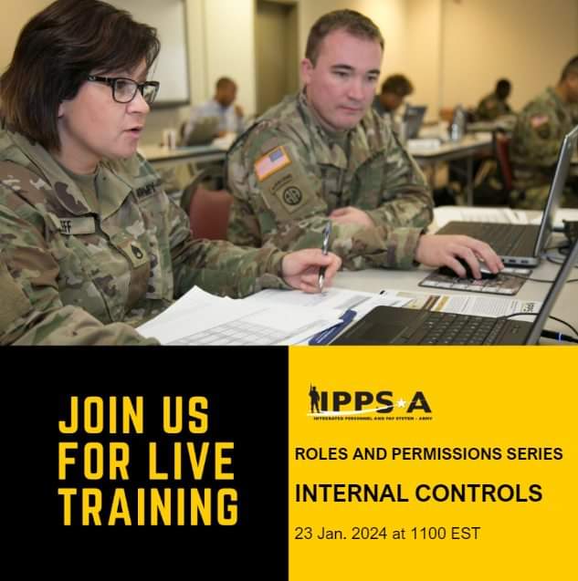 _TheRealDragon1's tweet photo. Please save the date for the IPPS-A R3 Roles and Permissions live training Part III – Internal Controls, on Tues., Jan. 23 at 1100 EST. Details, links, and recordings are uploaded to S1Net: https://t.co/v0909sFXT0

Facebook Group: https://t.co/8ZlmDXLcHa https://t.co/ToZH37H0l2
