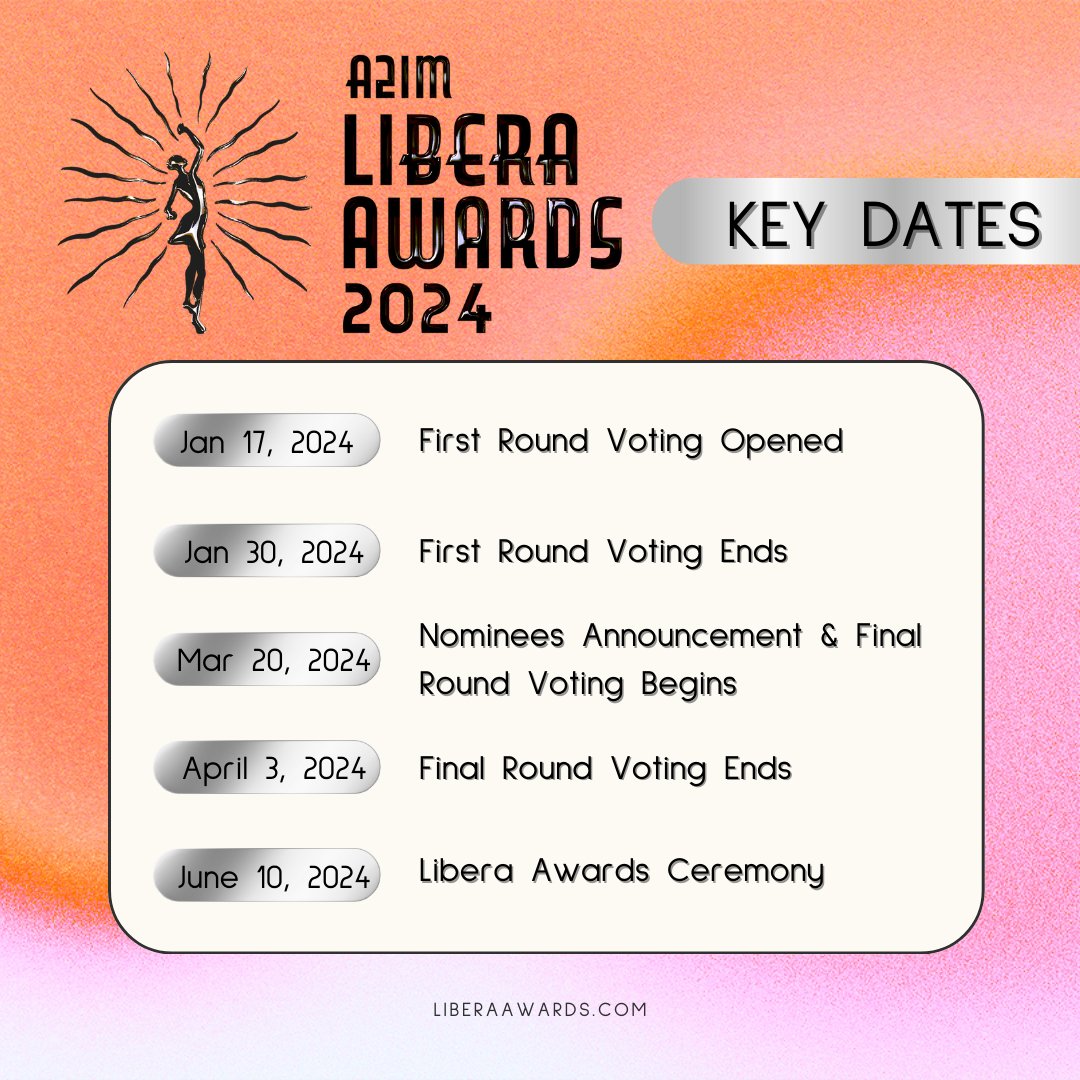 Announcing the key dates for the 2024 Libera Awards!✨ 🏆 First Round Voting officially opened last week on the 17th! A2IM Members, please review our voting instructions & solicitation guidelines for more info! 🔗 liberaawards.com/submissions/