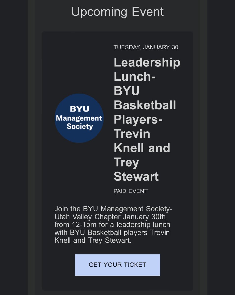 CougConnect's tweet photo. If anyone wants to hear from Trevin Knell and Trey Stewart as they talk about leadership and get lunch in Provo, 

January 30th we are collaborating with the BYU Management Society to do this lunch event. It is $10 and you can register here:

https://t.co/EZjECRpeAf

@trevin_knell