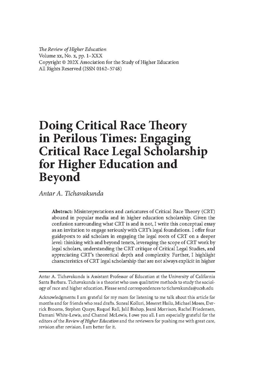 Review of Higher Education (@rhe_ashe) on Twitter photo Just dropped! An ahead of print by <a href="/ucsantabarbara/">UC Santa Barbara</a> Dr. @Tichavakunda, "Doing Critical Race Theory in Perilous Times: Engaging Critical Race Legal Scholarship for Higher Education and Beyond." Read this NEW #RHE article: muse.jhu.edu/pub/1/article/… Just dropped! An ahead of print by <a href="/ucsantabarbara/">UC Santa Barbara</a> Dr. @Tichavakunda, "Doing Critical Race Theory in Perilous Times: Engaging Critical Race Legal Scholarship for Higher Education and Beyond." Read this NEW #RHE article: muse.jhu.edu/pub/1/article/…
