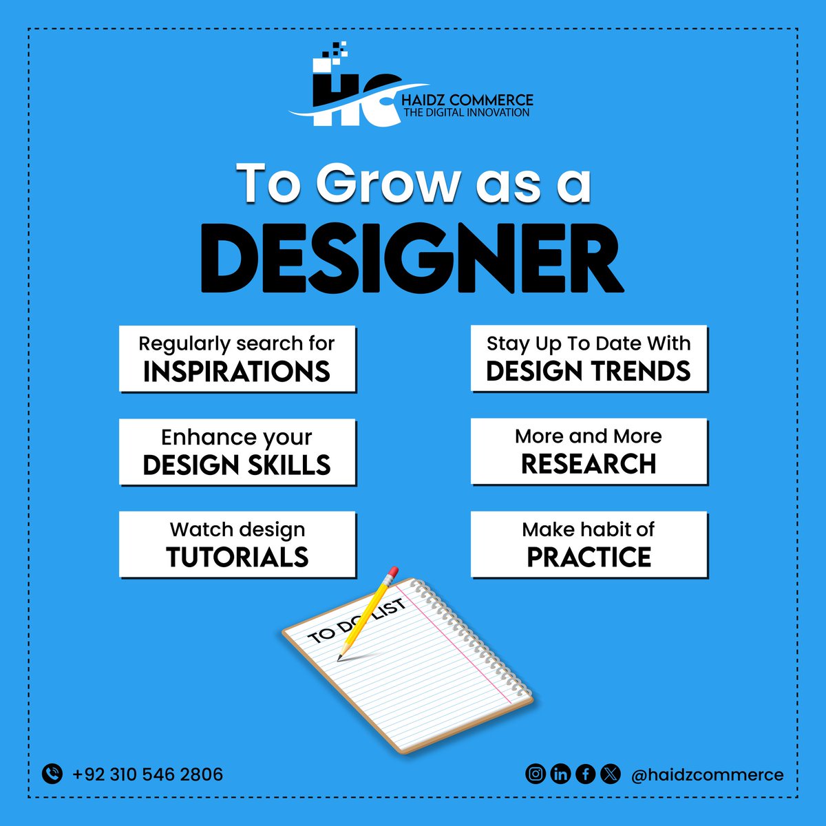 Level up your design game with simple steps. Find inspiration, stay updated on trends, and practice regularly. Dive into research, watch tutorials, and make it a habit. Fuel your creativity & watch your design career flourish.

Follow @haidzcommerce

#haidzcommerce #designgrowth