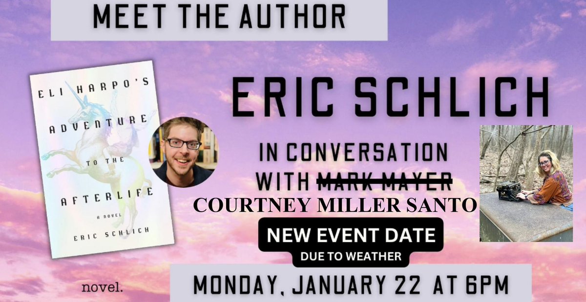 ebschlich's tweet photo. Still on tonight at Novel Bookstore! 6:00! Unfortunately, Mark Mayer's out sick, but I'm excited to talk about ELI HARPO with my good friend and fellow novelist @courtney_santo! ❤️ https://t.co/H2CH0ai3Xu