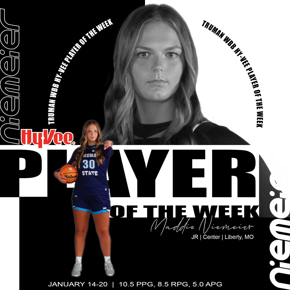 Truman_WBB's tweet photo. After being the team leader in +/- for the week, at a +25, and averaging a near double-double, Maddie Niemeier is our Hy-Vee Player of the Week!! https://t.co/cxFZf3zoAa