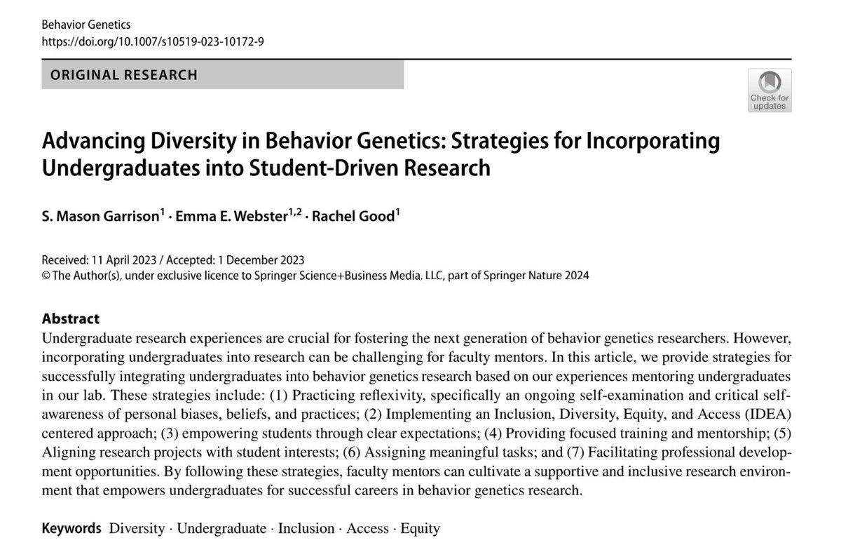 My new article on mentoring undergraduates in @BehaviorGenetic research is out! I affectionately call it my 'Don't be a jerk paper'. It's filled with practical tips and what's probably the 1st positionality statement in the journal. trebuchet.public.springernature.app/get_content/48… 10.31234/osf.io/9x7wf
