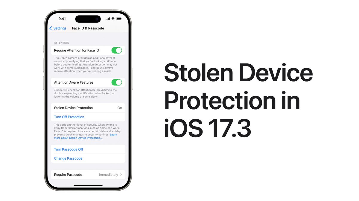 AppleSupport's tweet photo. You can turn on Stolen Device Protection in iOS 17.3 for added security. 

Here’s how it works: https://t.co/FwWomjqjtf https://t.co/Sy81Ex7yT3